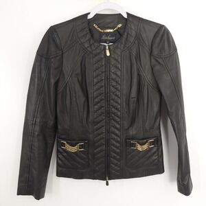 Luisa Spagnoli Jacket Womens 42 Black Genuine Leather Chain Accent Quilted Italy